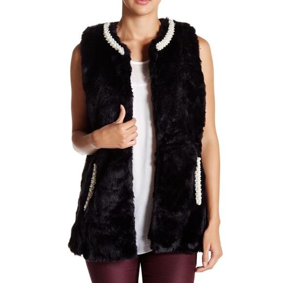 NWT Betsey Johnson Faux Pearl Trim Cozy Faux Mink Fur Long Vest M/L Regency - Picture 1 of 9